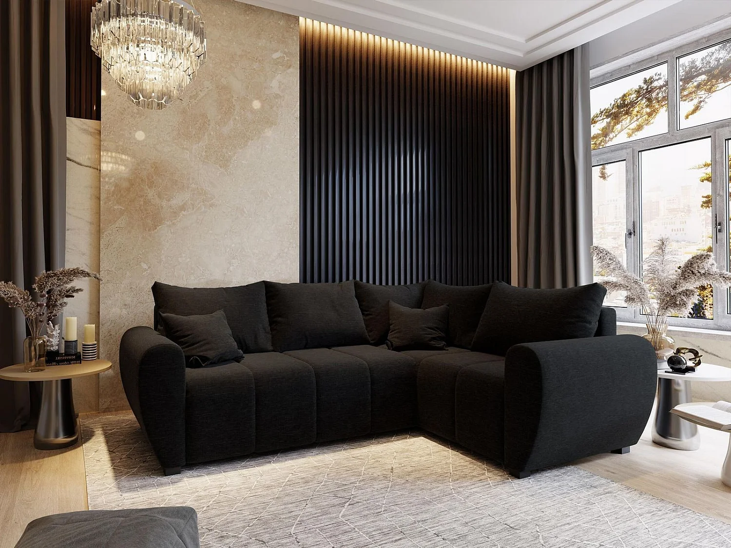 Canapé d'angle MADISON Noir en tissu texturé avec fonction de couchage