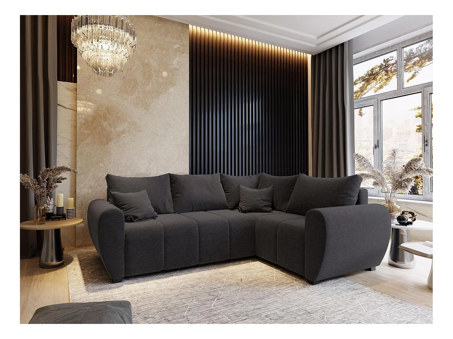 Canapé d'angle MADISON Gris en tissu texturé avec fonction de couchage