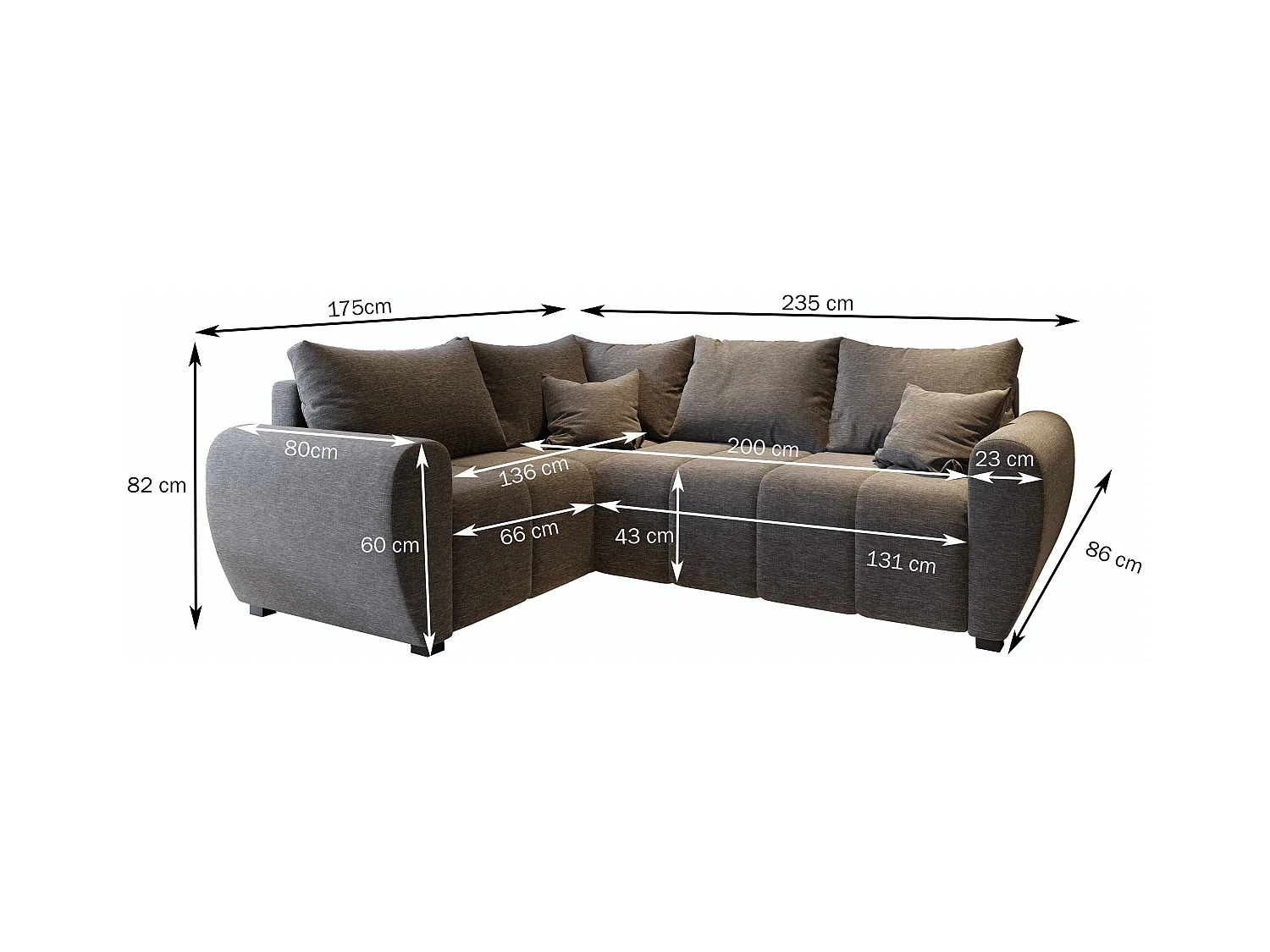 Canapé d'angle MADISON Gris en tissu texturé avec fonction de couchage