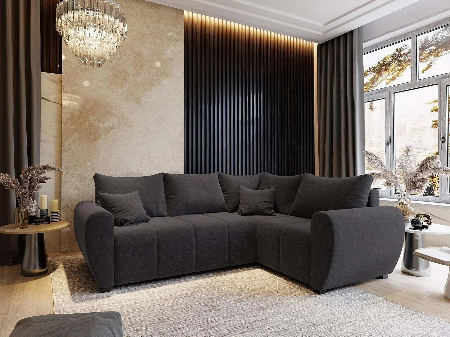 Canapé d'angle MADISON Gris en tissu texturé avec fonction de couchage