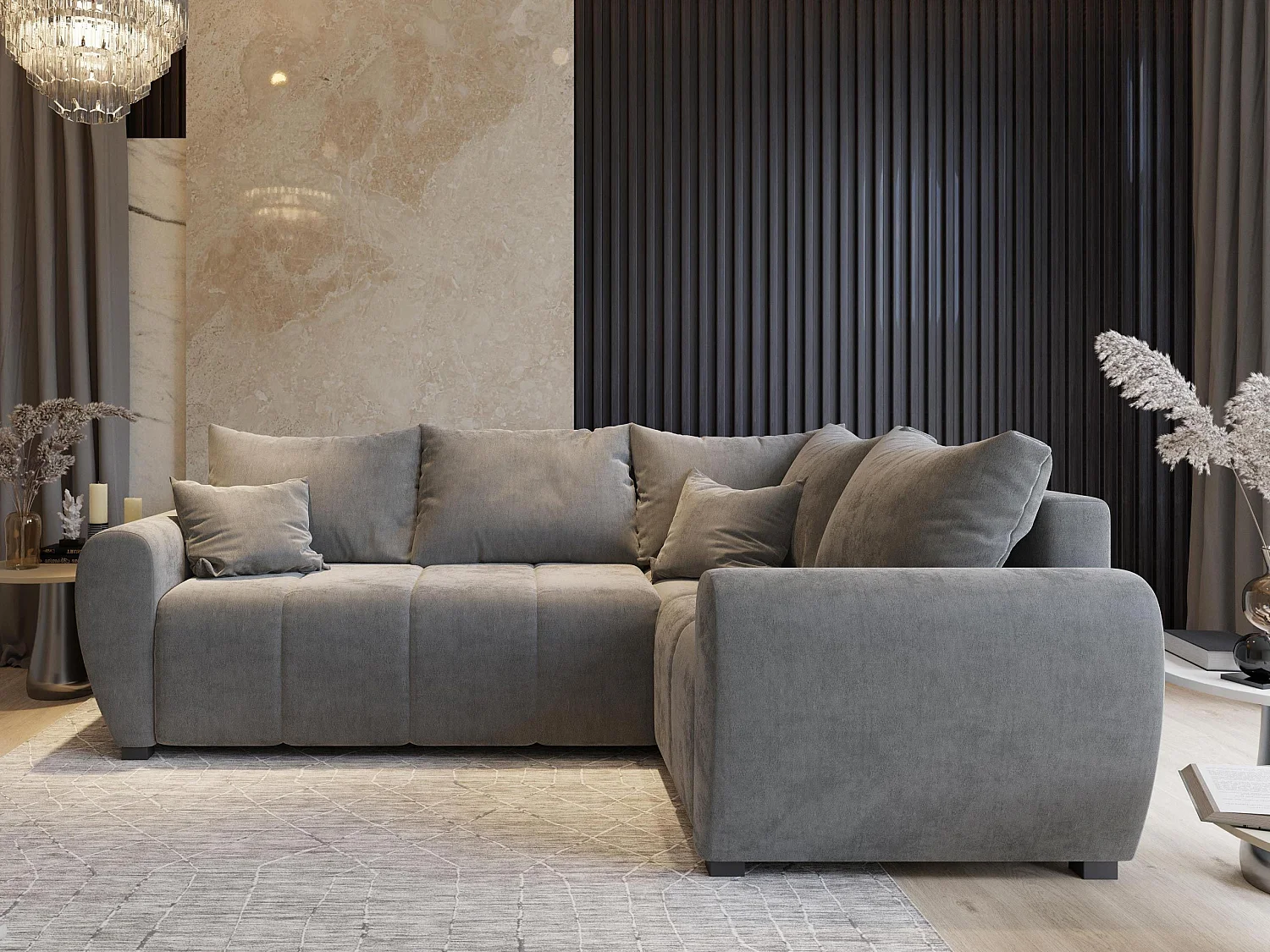 Canapé d'angle MADISON Gris en tissu texturé avec fonction de couchage