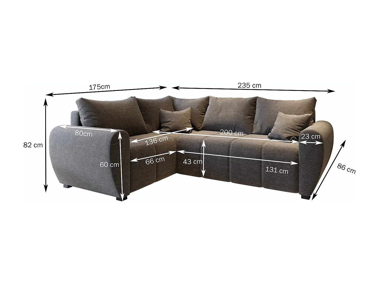 Canapé d'angle MADISON Gris en tissu texturé avec fonction de couchage