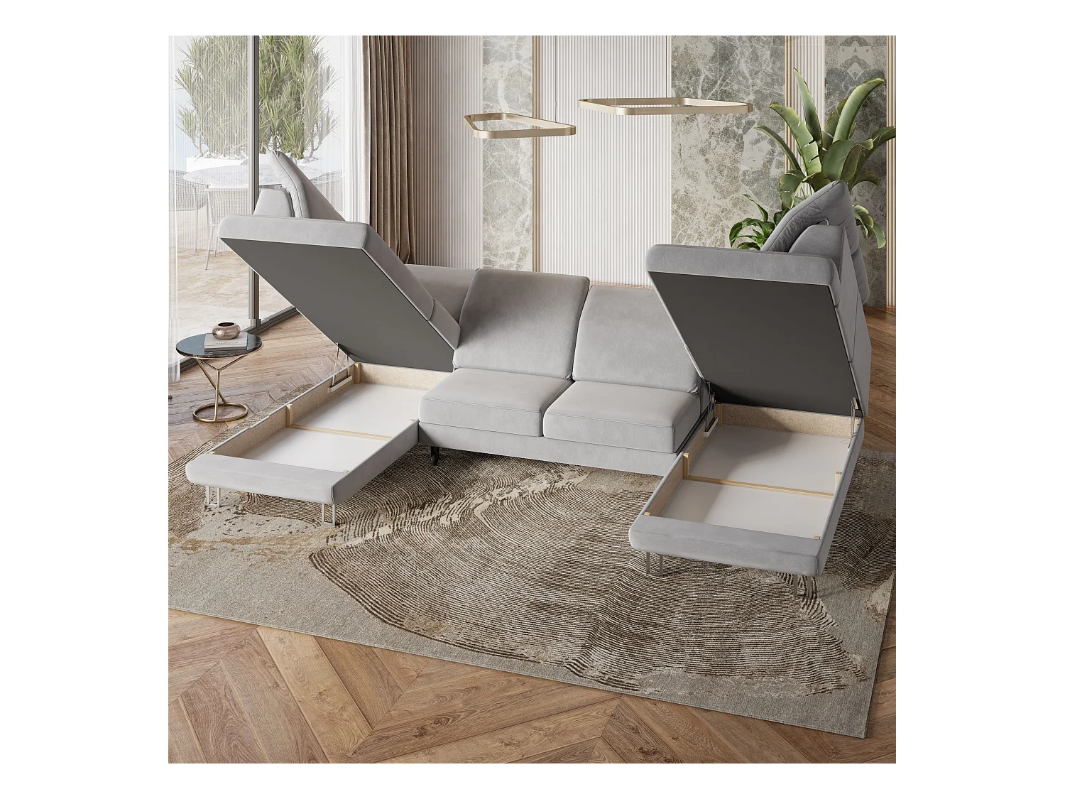 Canapé d'angle TERAMO Parme en velours avec fonction de couchage