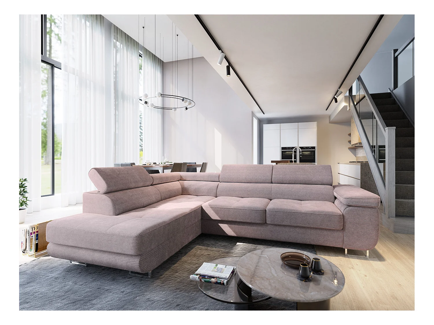 Canapé d'angle APIRO Parme en velours côtelé avec fonction de couchage