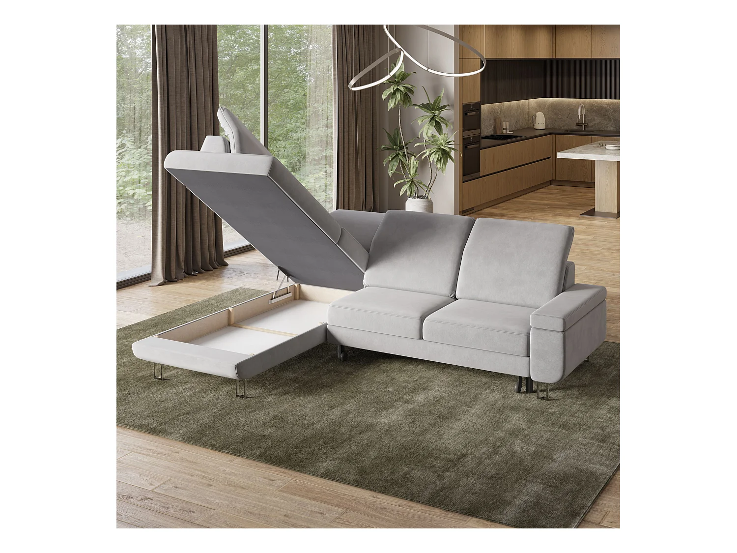 Canapé d'angle LERMA Parme en velours avec fonction de couchage