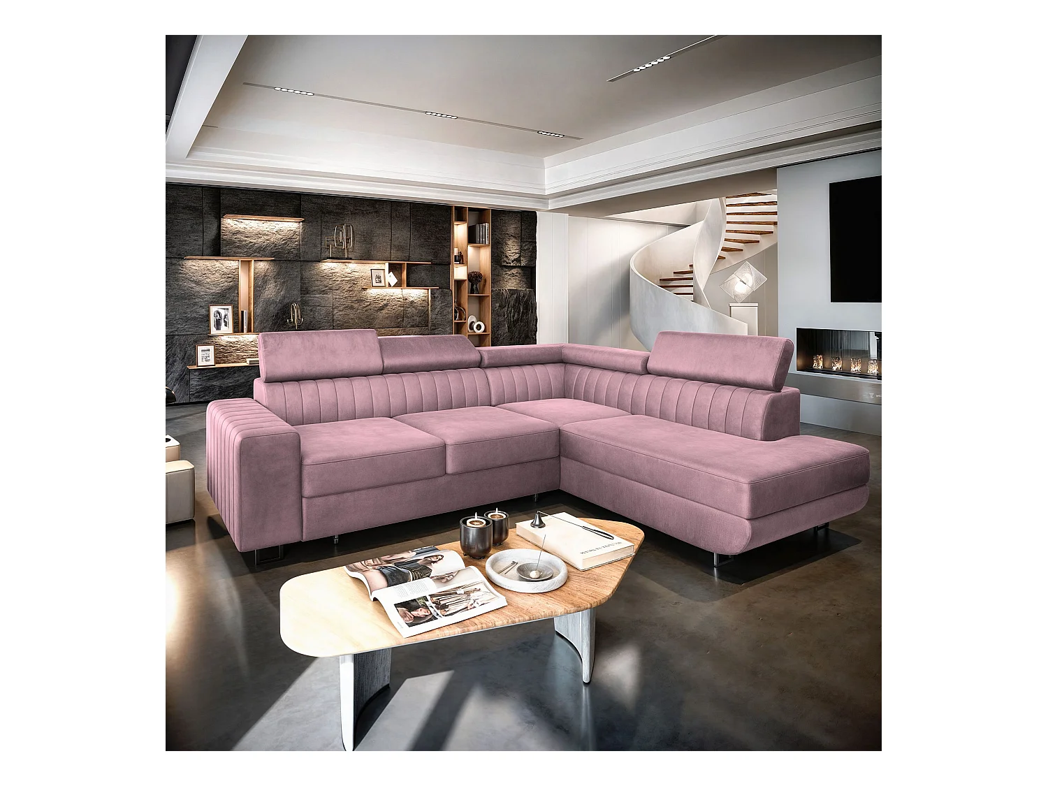 Canapé d'angle NOLA Parme en velours avec fonction de couchage