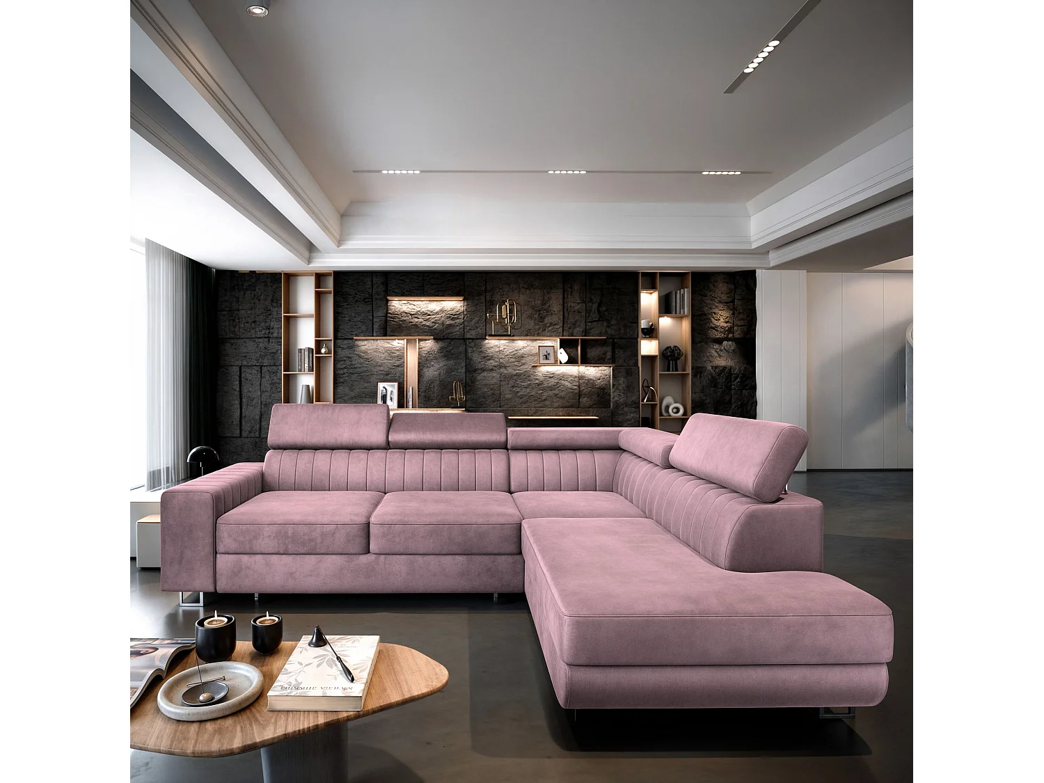 Canapé d'angle NOLA Parme en velours avec fonction de couchage