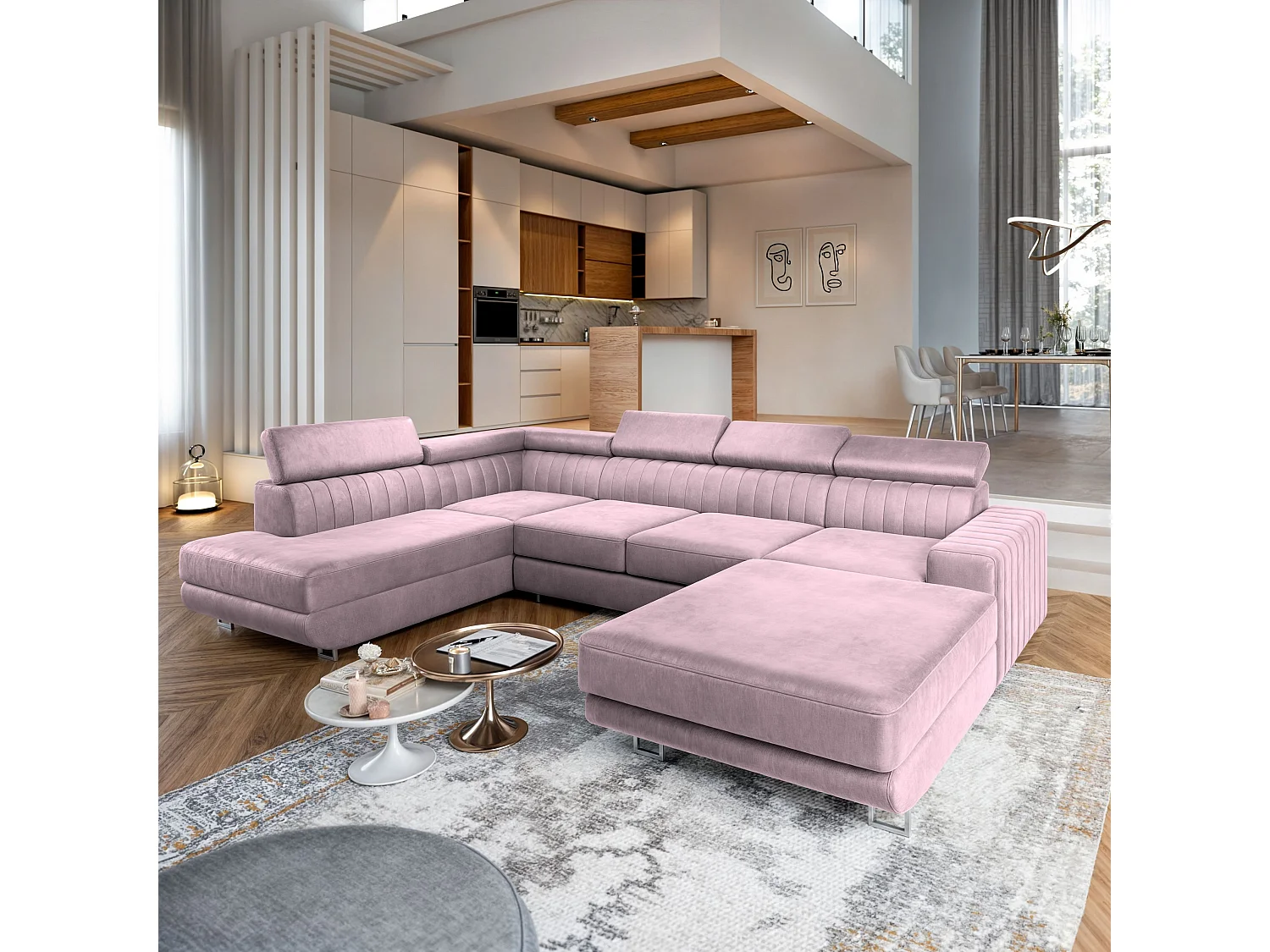 Canapé d'angle SIENA Parme en velours avec fonction de couchage