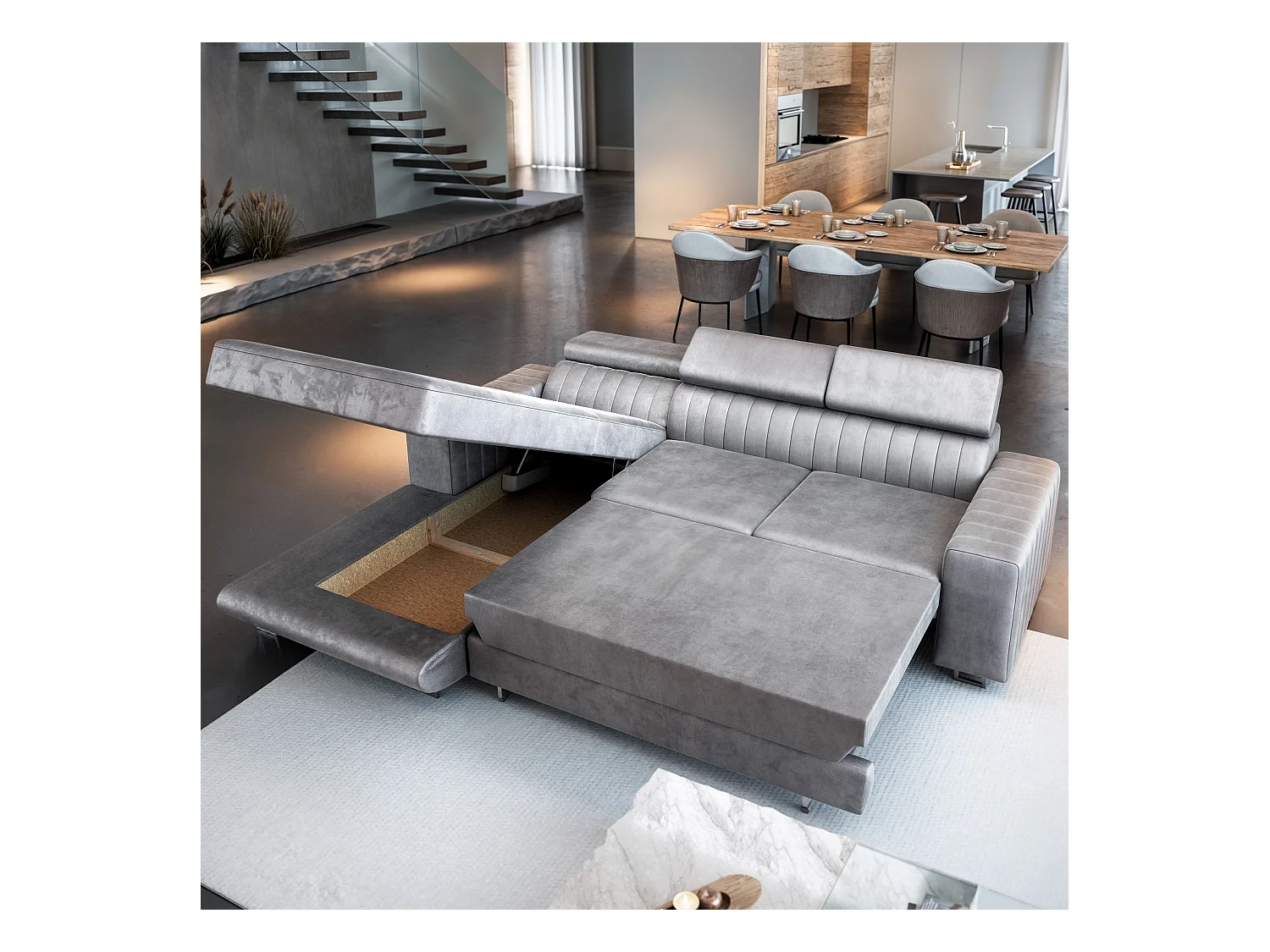 Canapé d'angle NOTO Parme en velours avec fonction de couchage