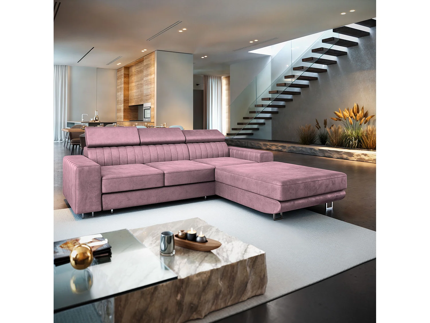 Hoekbank NOTO van fluweel met slaapfunctie Lila