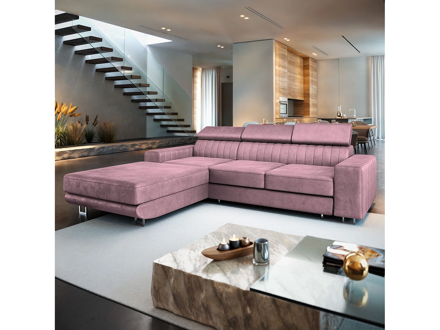 Canapé d'angle NOTO Parme en velours avec fonction de couchage