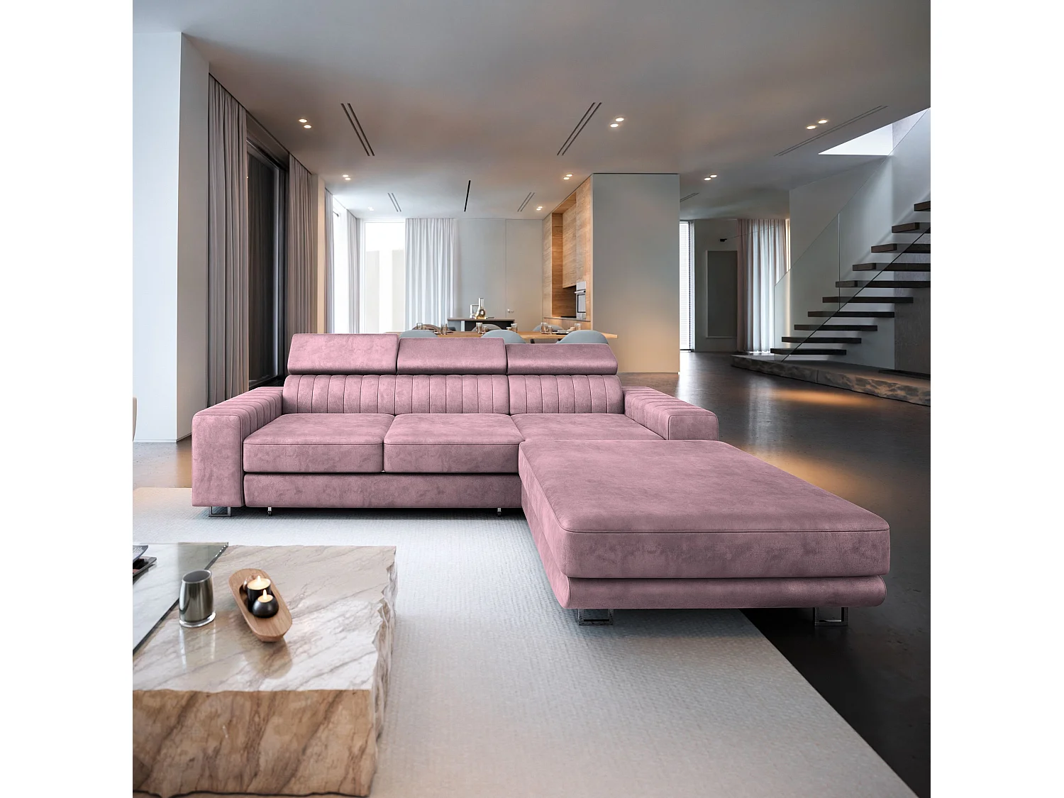 Canapé d'angle NOTO Parme en velours avec fonction de couchage