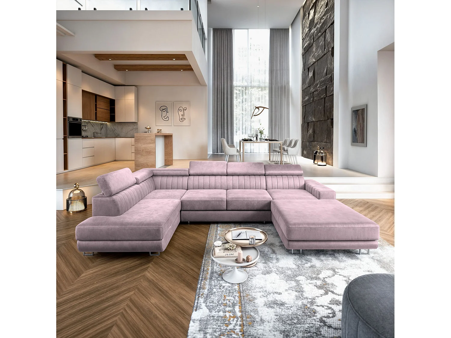 Canapé d'angle SIENA Parme en velours avec fonction de couchage