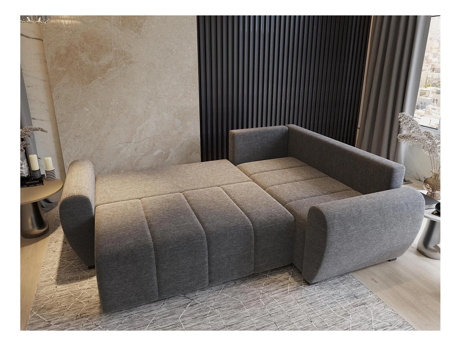 Canapé d'angle MADISON Marron en tissu texturé avec fonction de couchage