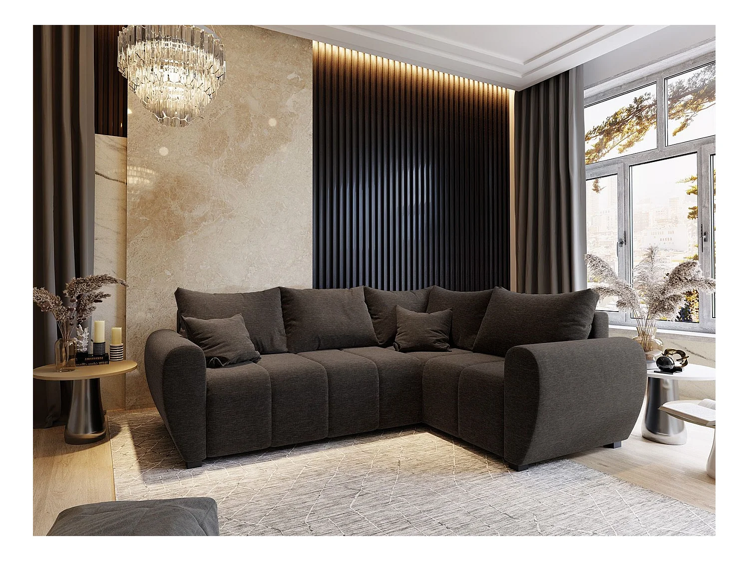 Canapé d'angle MADISON Marron en tissu texturé avec fonction de couchage