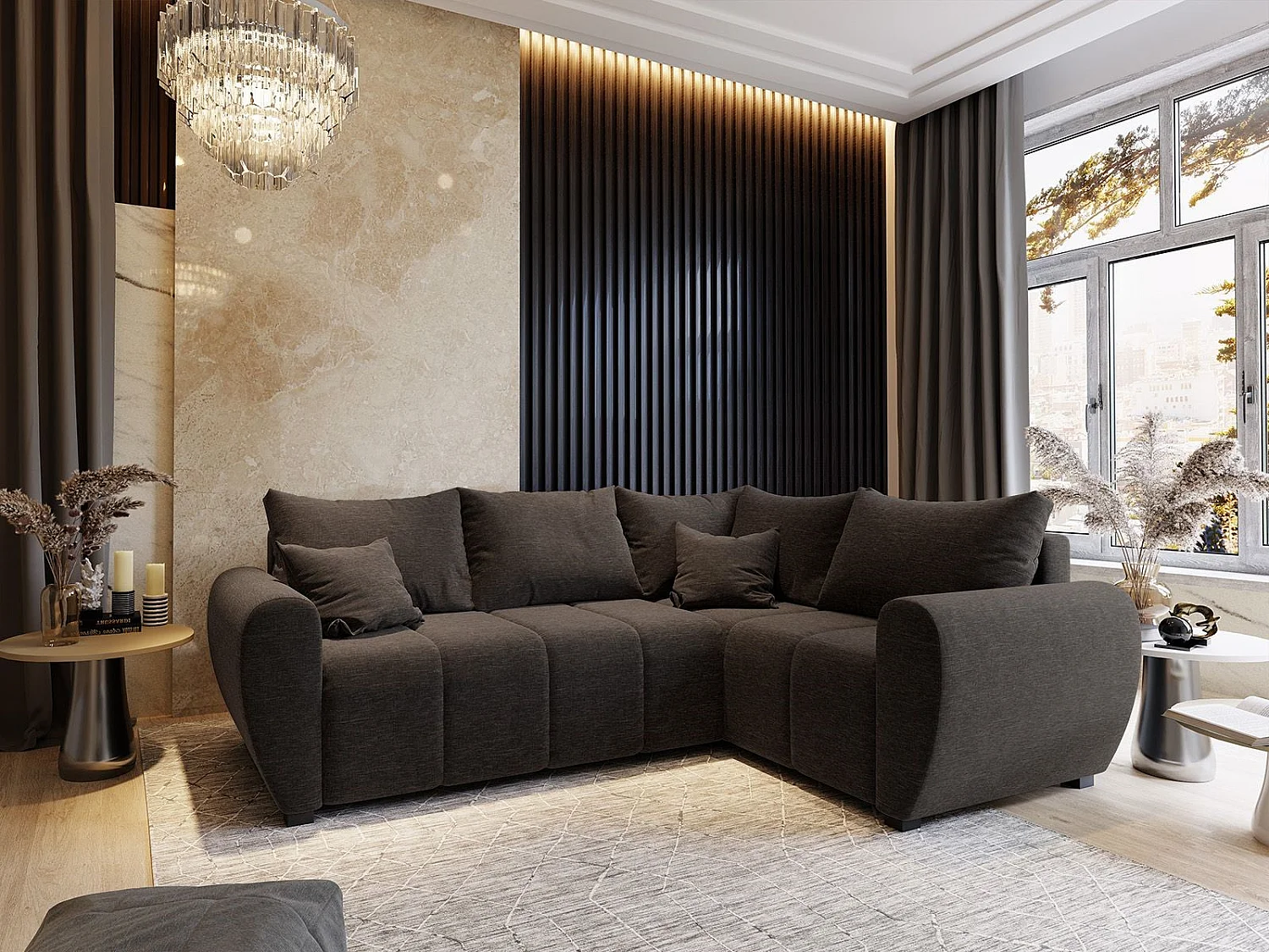 Canapé d'angle MADISON Marron en tissu texturé avec fonction de couchage