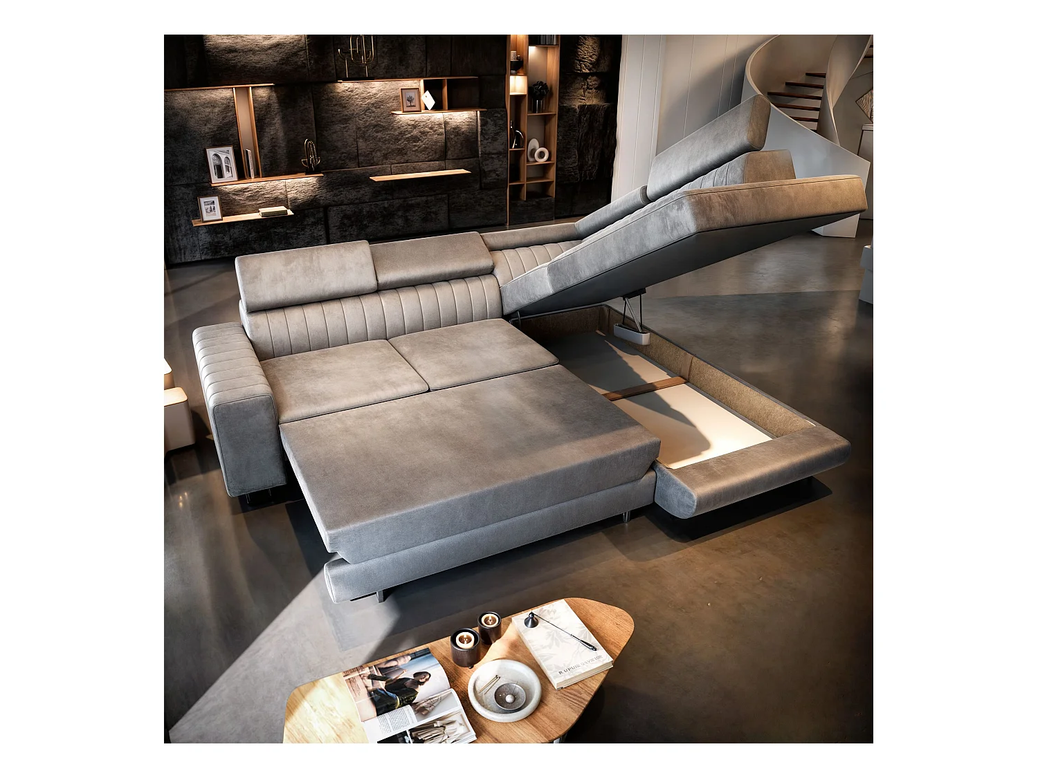 Canapé d'angle NOLA Parme en velours avec fonction de couchage