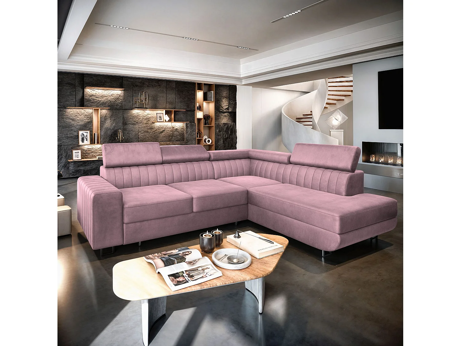 Canapé d'angle NOLA Parme en velours avec fonction de couchage