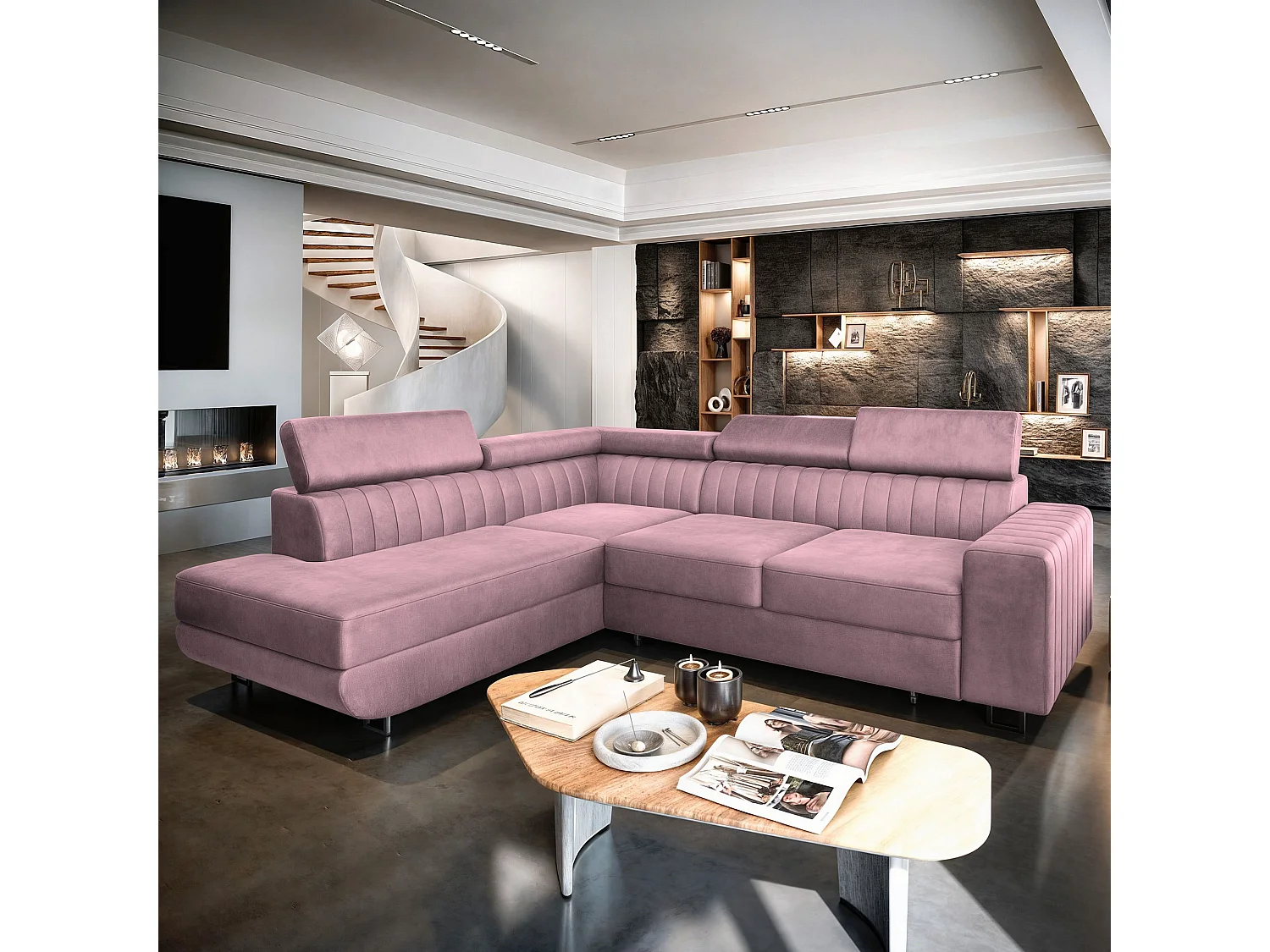 Canapé d'angle NOLA Parme en velours avec fonction de couchage