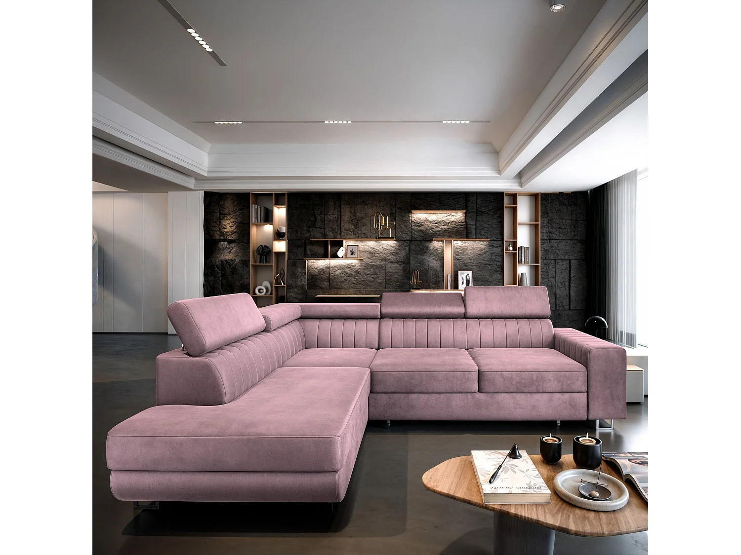 Canapé d'angle NOLA Parme en velours avec fonction de couchage