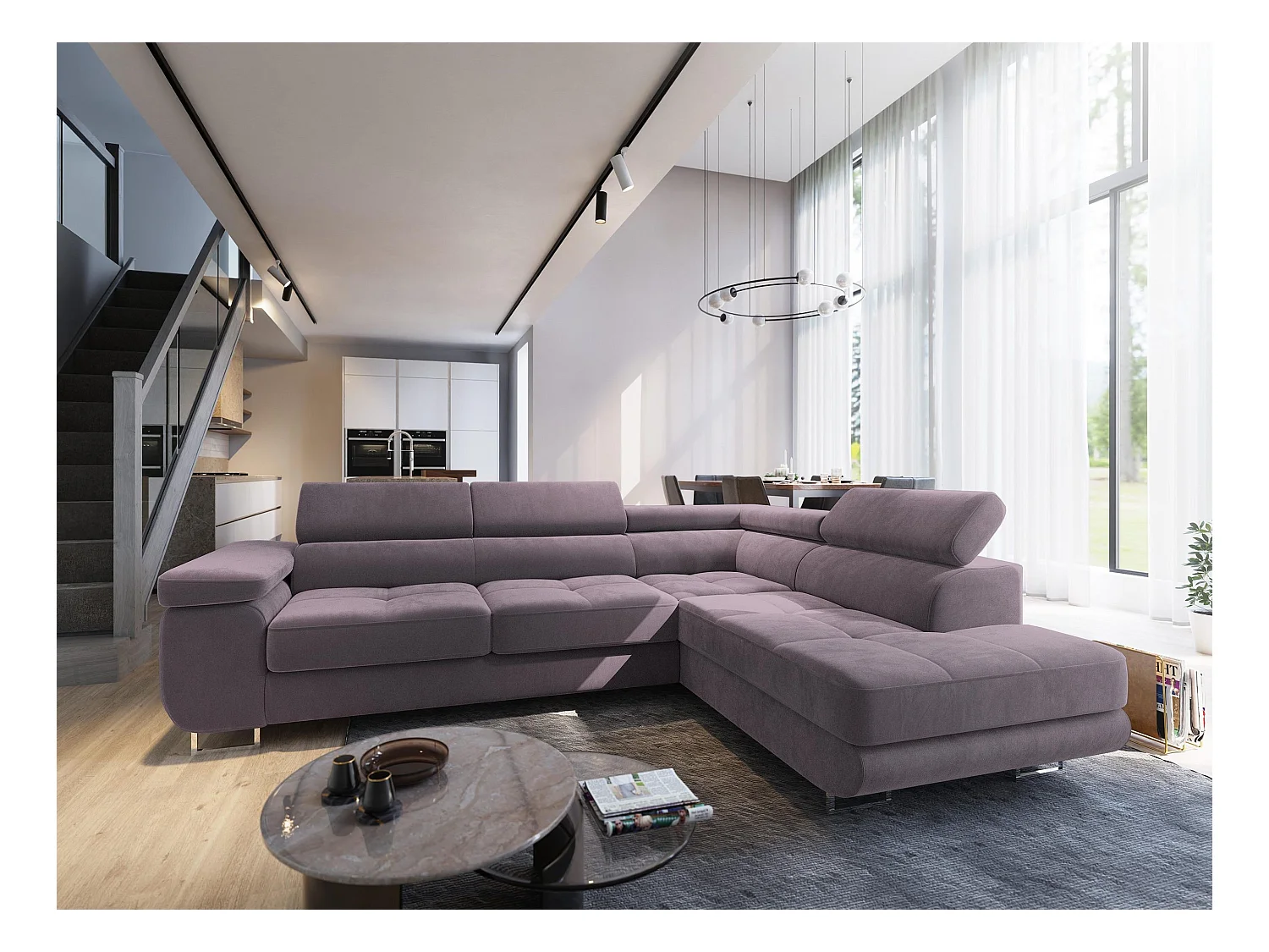 Canapé d'angle SELVA Parme en velours avec fonction de couchage