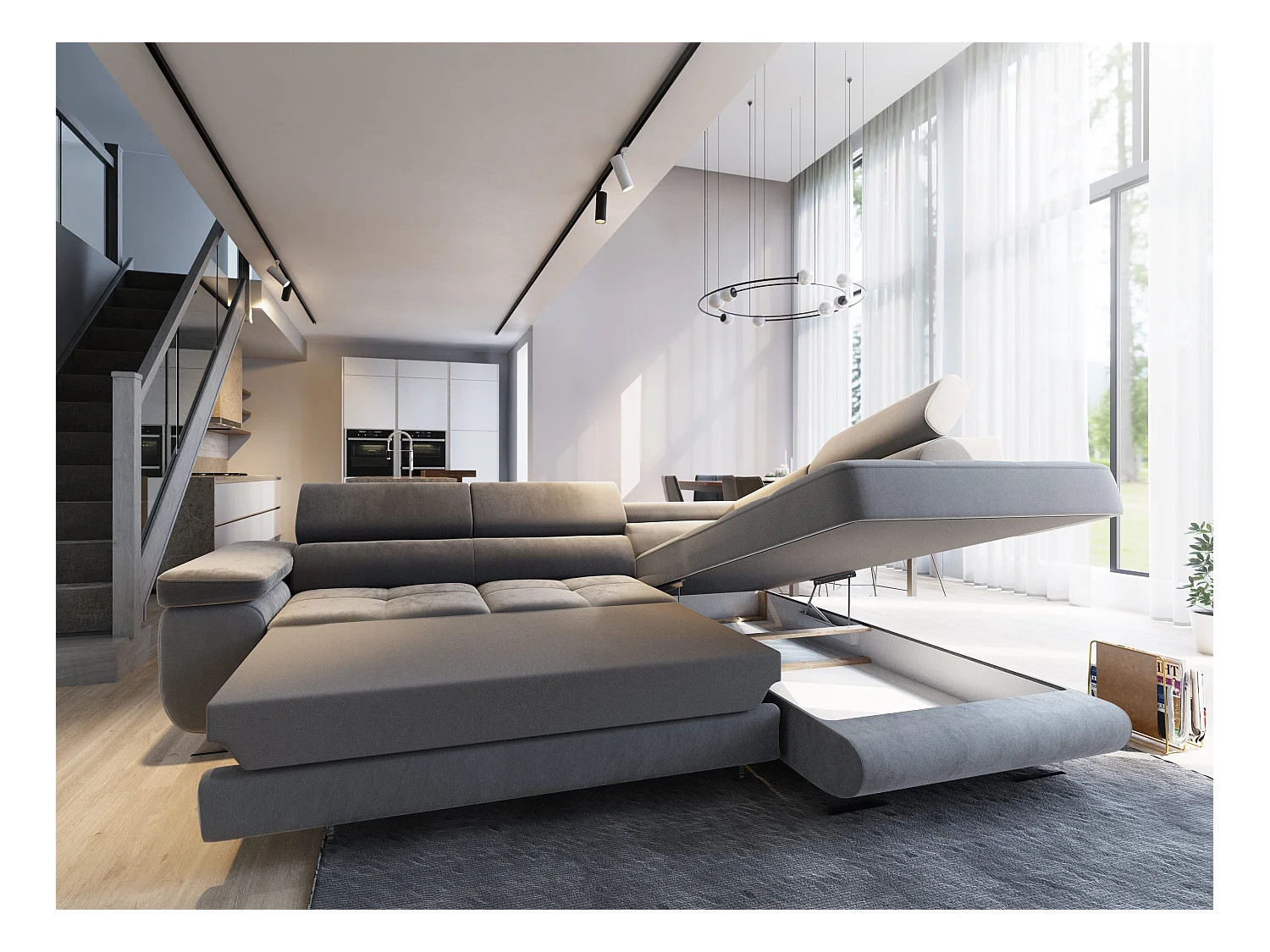 Canapé d'angle SELVA Parme en velours avec fonction de couchage