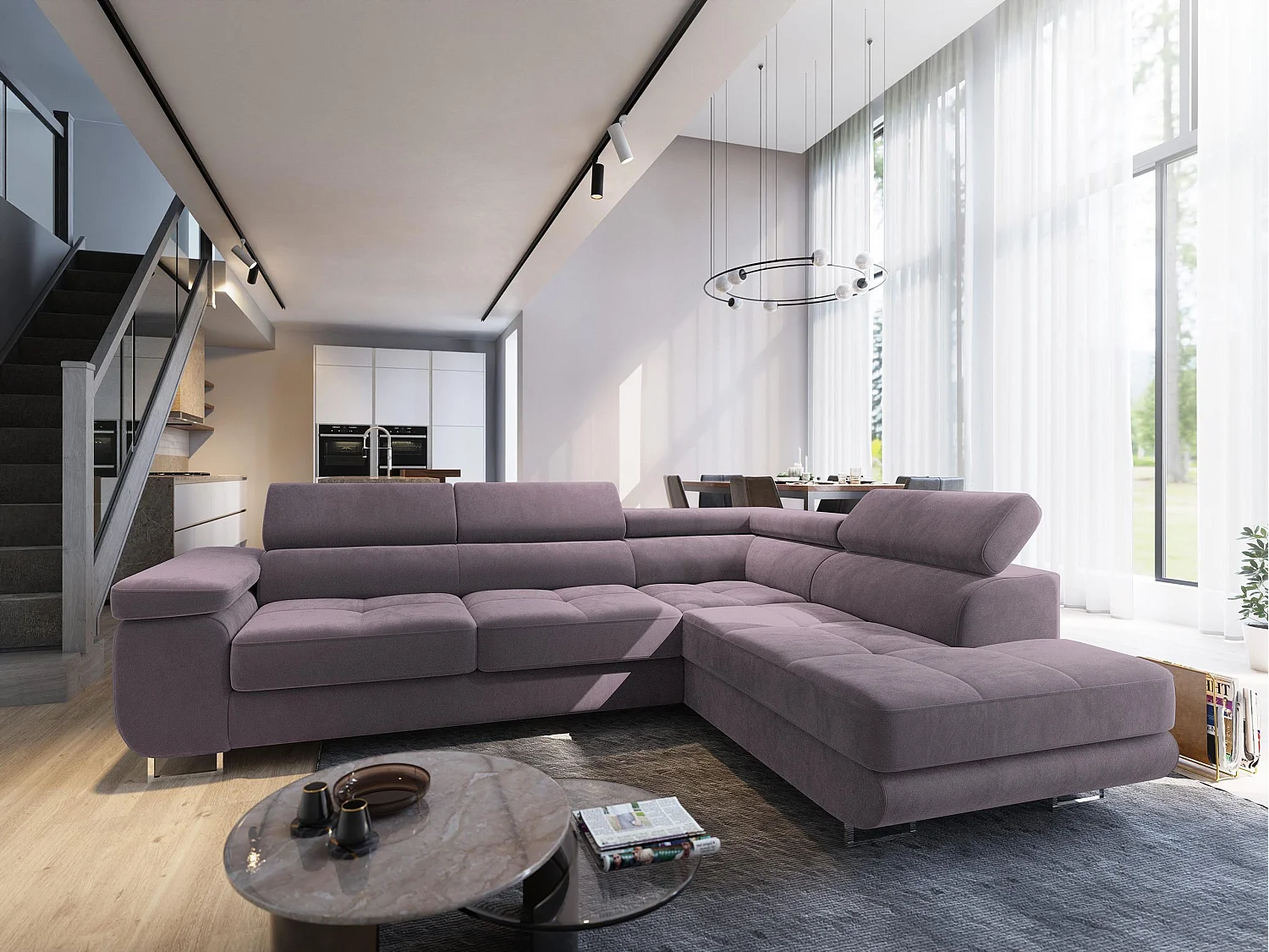 Canapé d'angle SELVA Parme en velours avec fonction de couchage