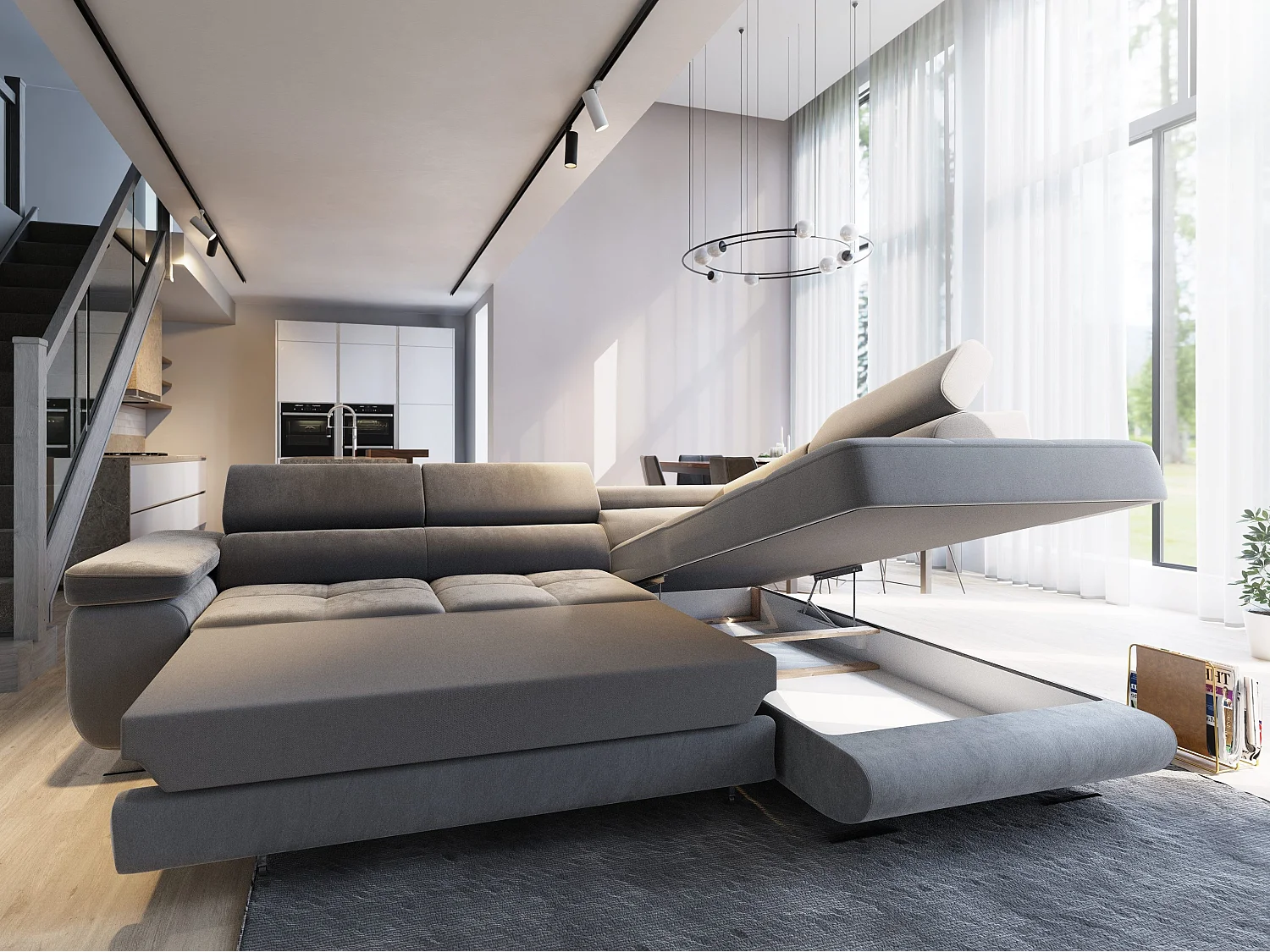 Canapé d'angle SELVA Parme en velours avec fonction de couchage