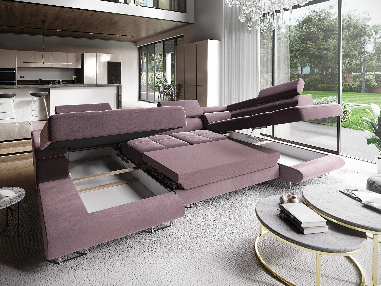 Canapé d'angle CASONE Parme en velours avec fonction de couchage