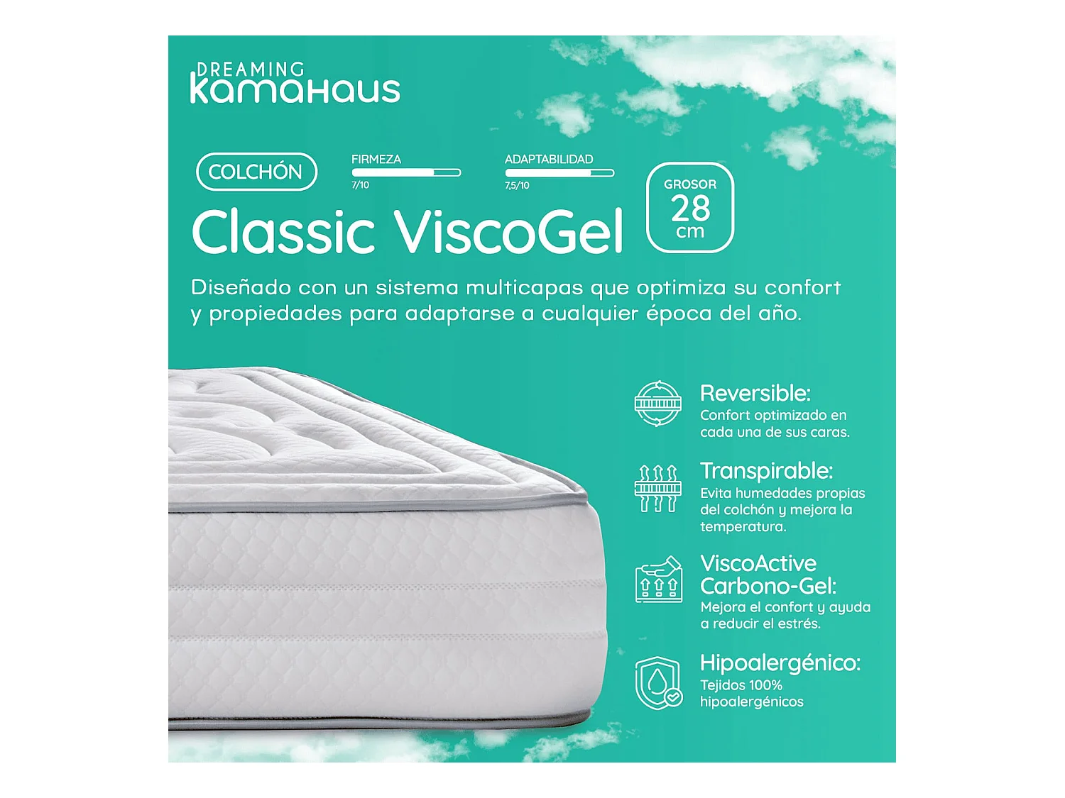 Matelas à mémoire de forme 90x200 cm Classic ViscoGel - Épaisseur +- 28 cm - Matelas Double Face - Ferme-Mi-Ferme - 100% Hypoallergénique