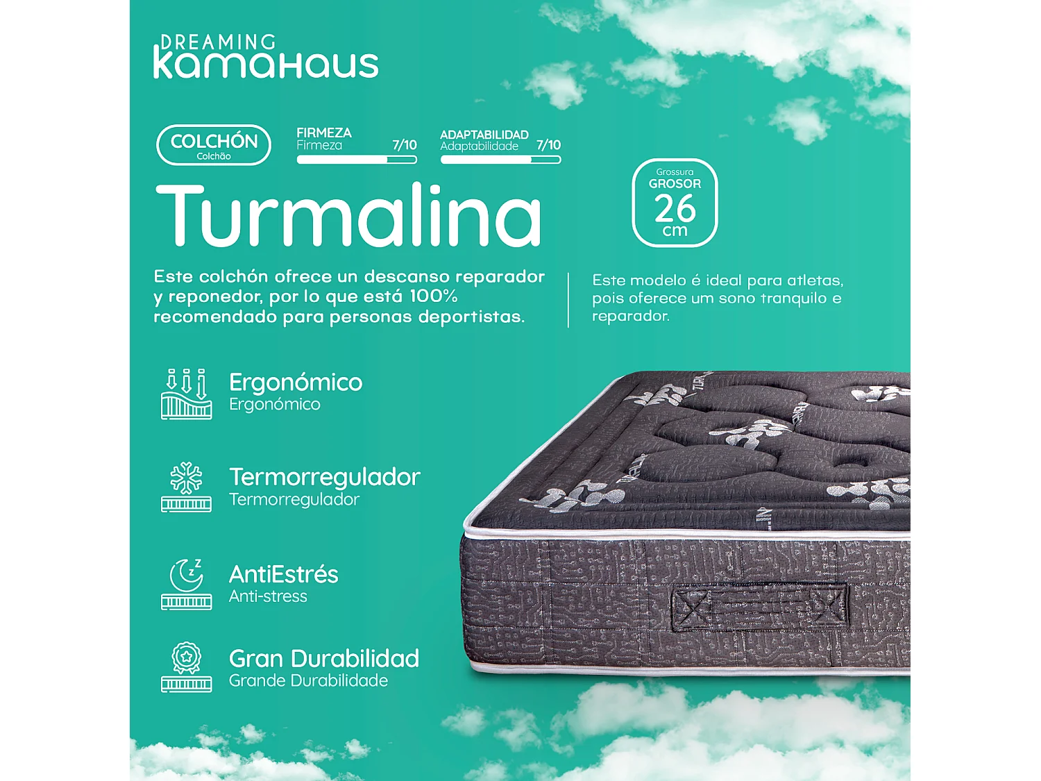 Matelas à mémoire de forme 150x200 cm Tourmaline - Mousse à mémoire de forme - Épaisseur +/- 26 cm  - Ferme-Mi-Ferme - Viscographène