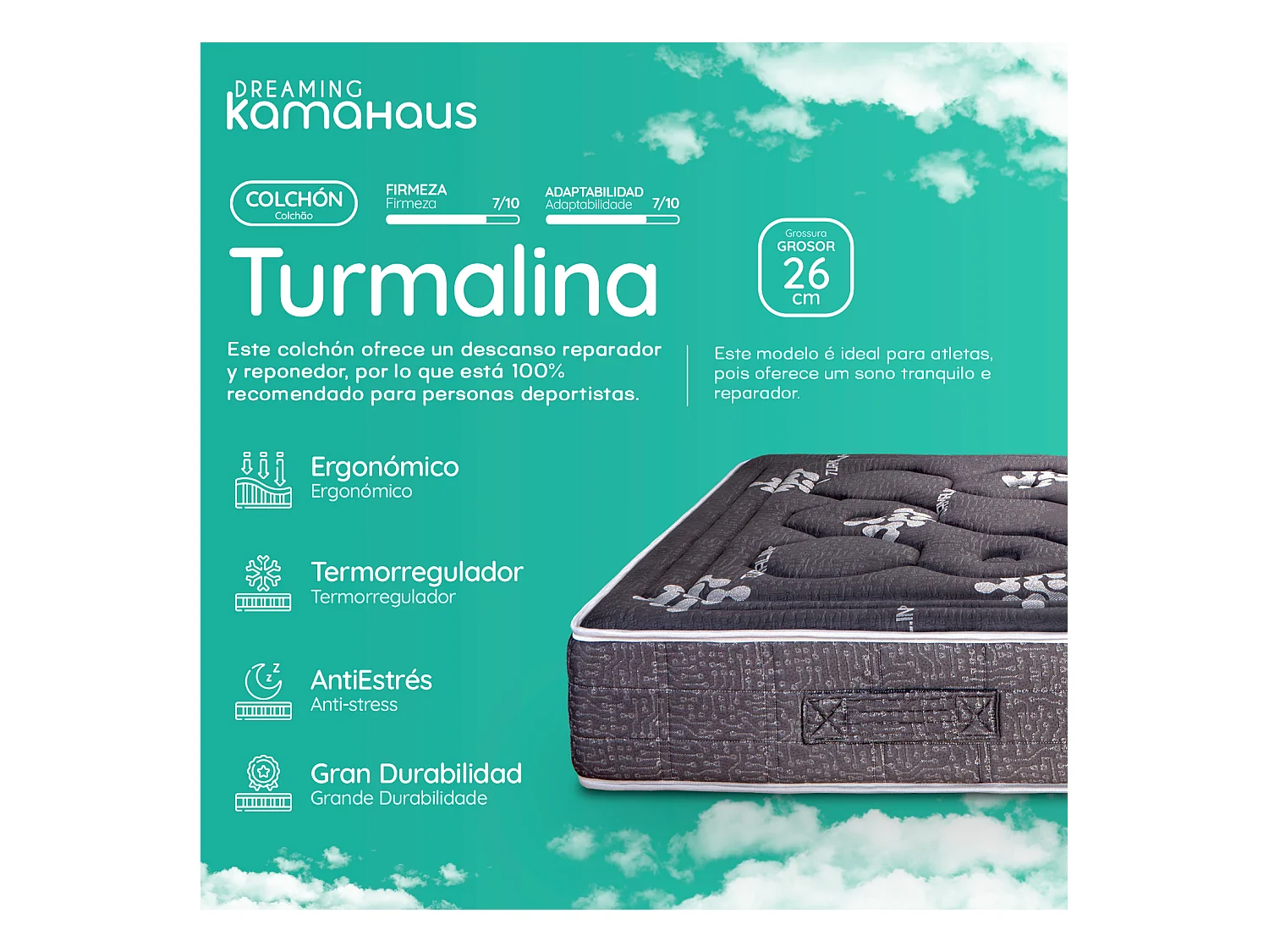 Matelas à mémoire de forme 135x190 cm Tourmaline - Mousse à mémoire de forme - Épaisseur +/- 26 cm  - Ferme-Mi-Ferme - Viscographène