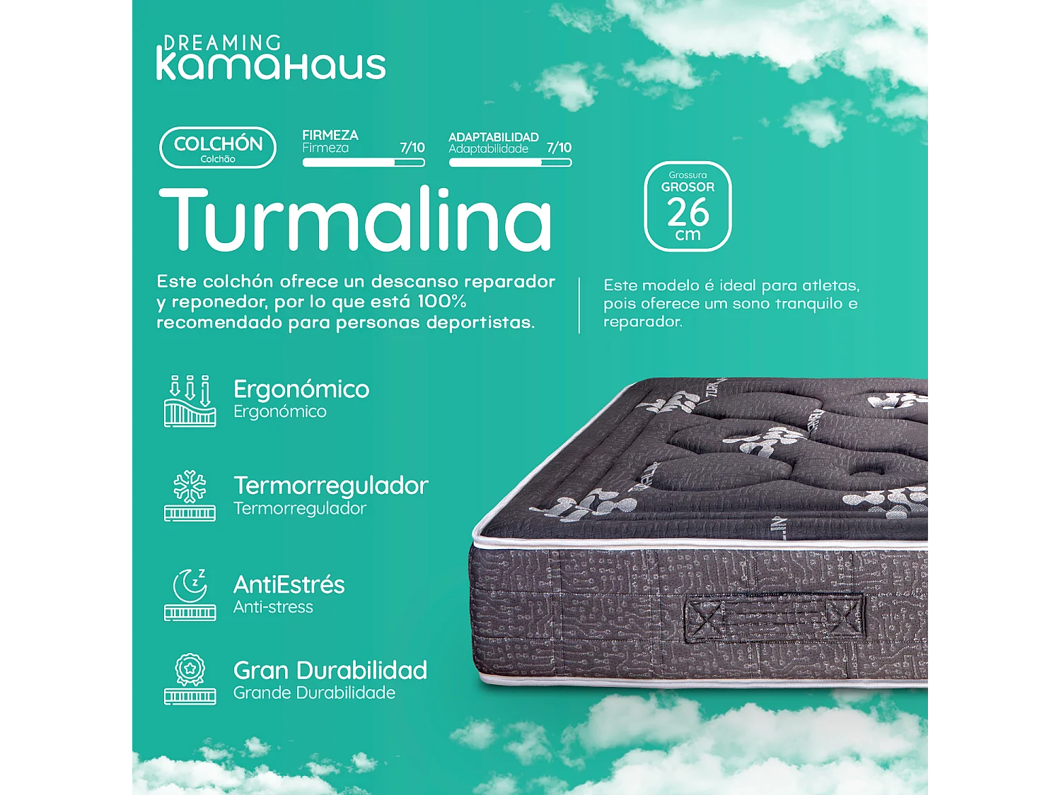 Matelas à mémoire de forme 135x190 cm Tourmaline - Mousse à mémoire de forme - Épaisseur +/- 26 cm  - Ferme-Mi-Ferme - Viscographène