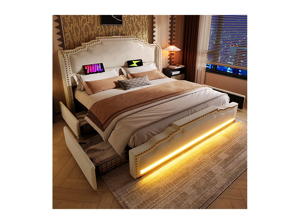 Lit coffre 160×200, Lit rembourré Lit double avec 4 tiroirs, lit de rangement et lit pour adolescent , Beige