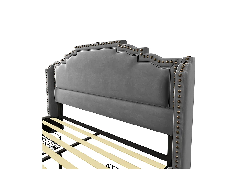 Cama com arrumação 160x200, Cama de casal estofada com 4 gavetas, cama com arrumação e cama de adolescente, Cinzento