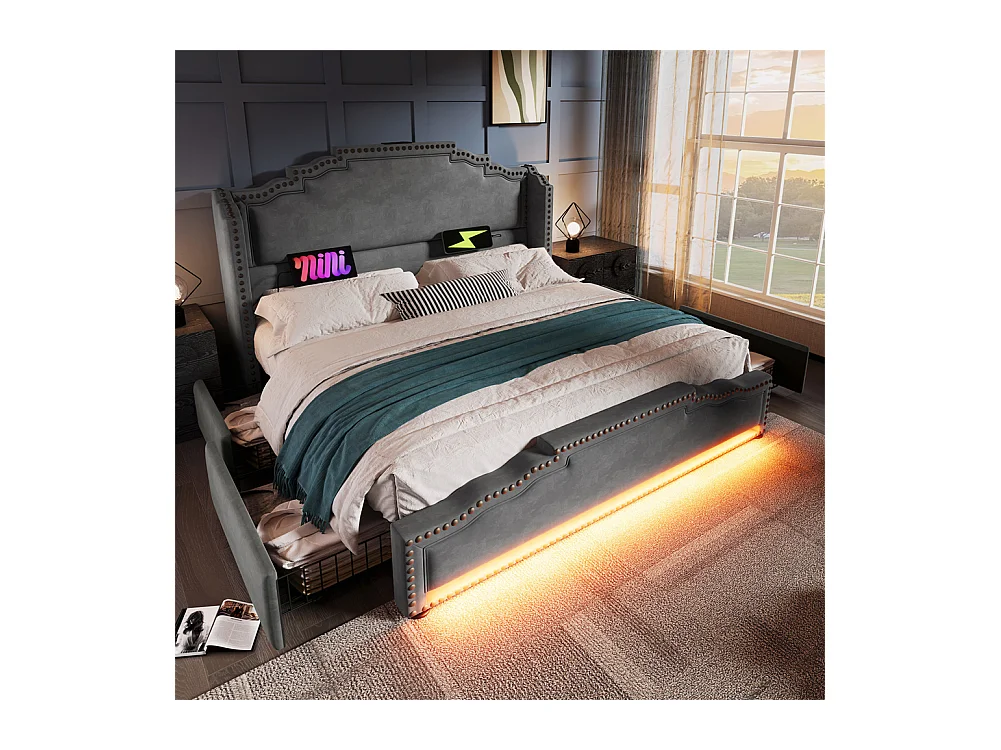 Lit coffre 180×200, Lit rembourré lit double avec 4 tiroirs, lit de rangement et lit pour adolescent , Gris