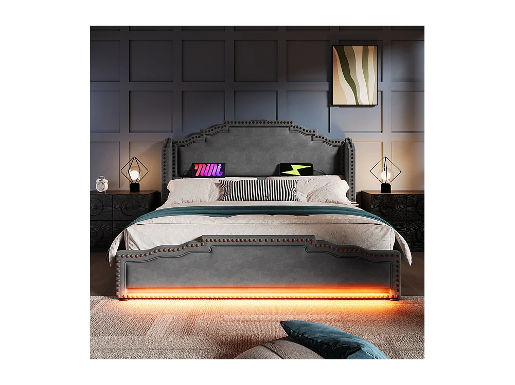 Lit coffre 180×200, Lit rembourré lit double avec 4 tiroirs, lit de rangement et lit pour adolescent , Gris