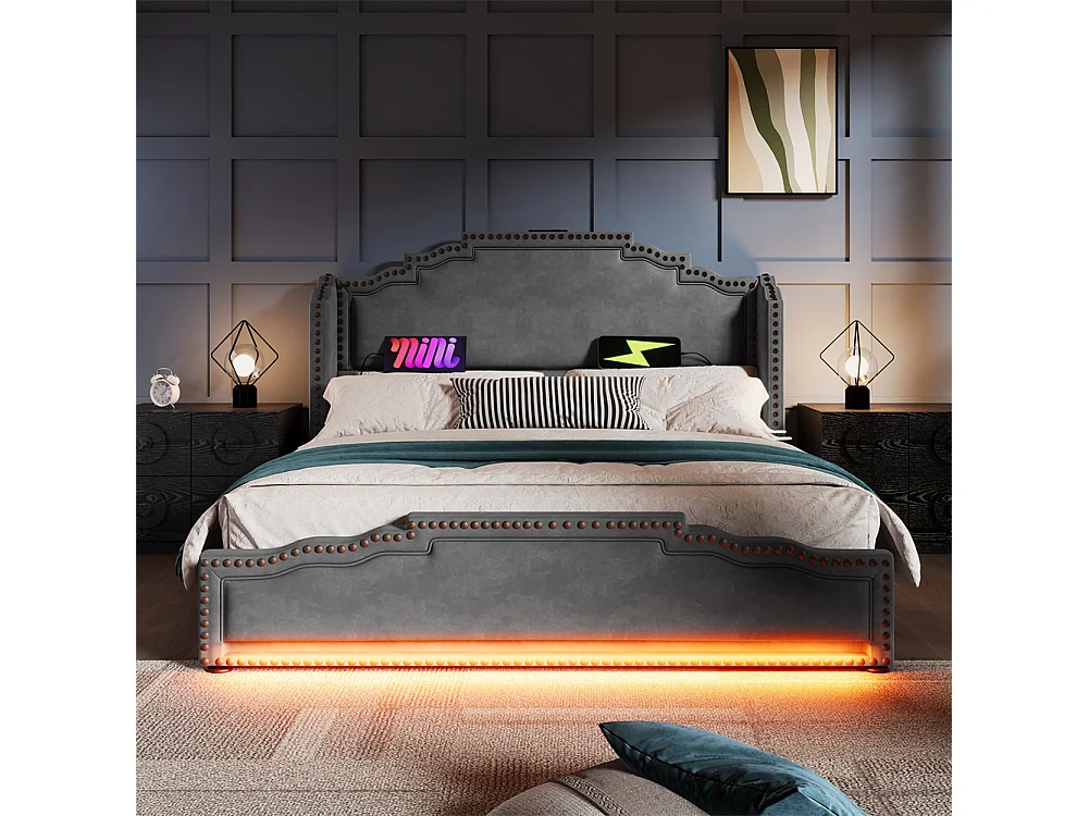 Lit coffre 180×200, Lit rembourré lit double avec 4 tiroirs, lit de rangement et lit pour adolescent , Gris