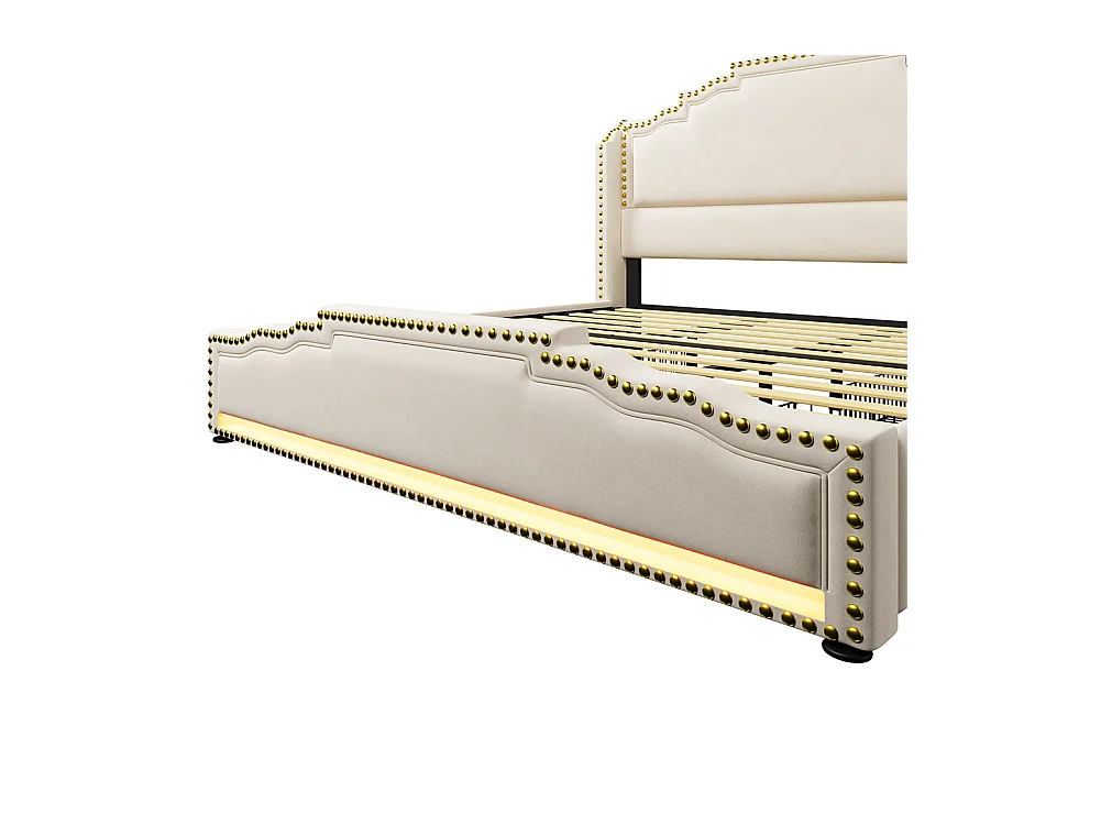 Cama com arrumação 180x200, Cama de casal estofada com 4 gavetas, cama com arrumação e cama para adolescentes, Bege