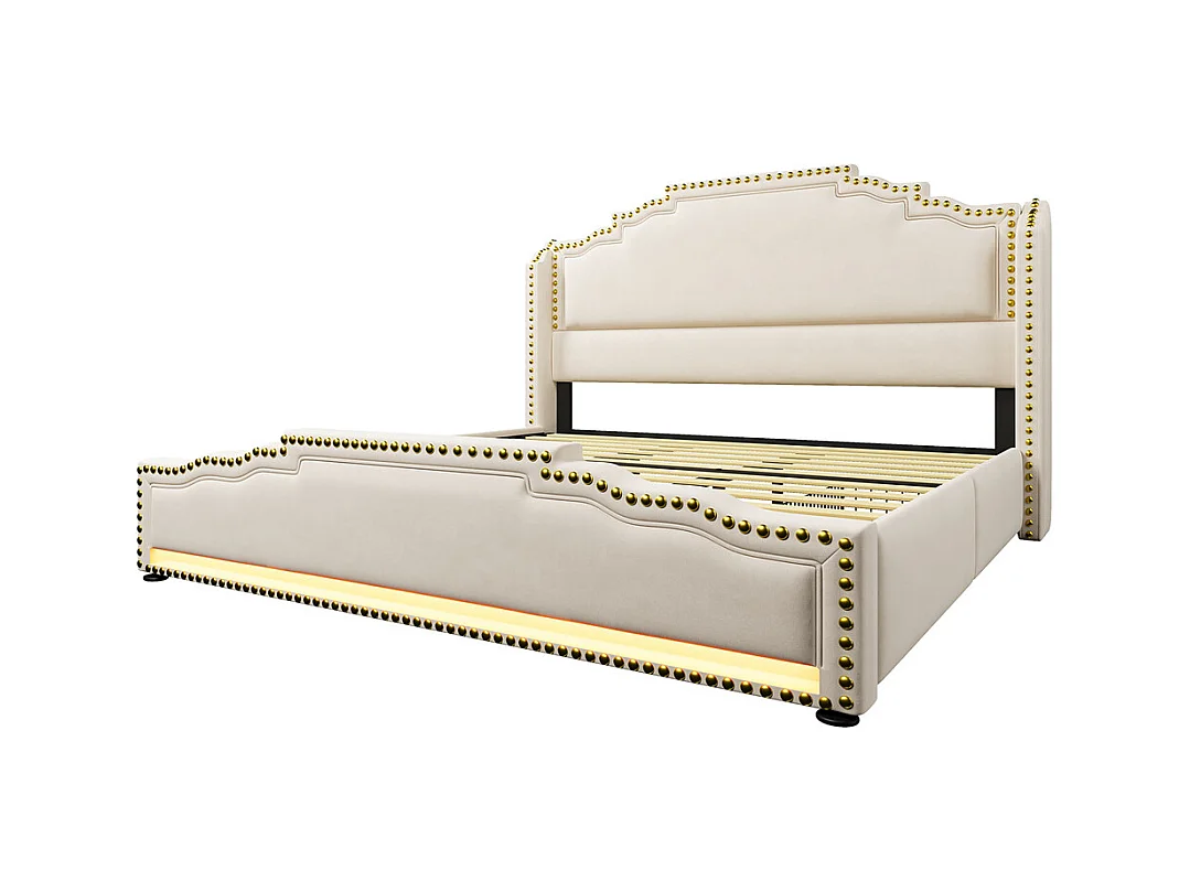 Cama com arrumação 180x200, Cama de casal estofada com 4 gavetas, cama com arrumação e cama para adolescentes, Bege