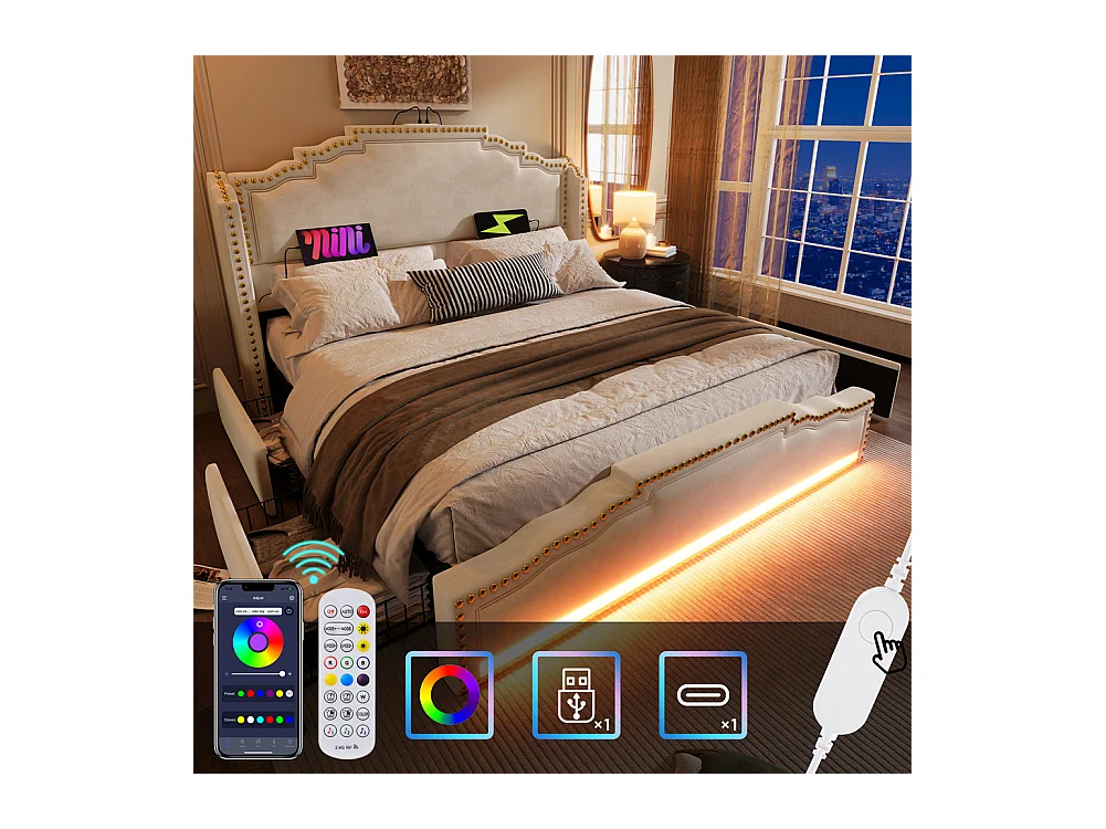 Lit coffre 180×200, Lit rembourré lit double avec 4 tiroirs, lit de rangement et lit pour adolescent , Beige