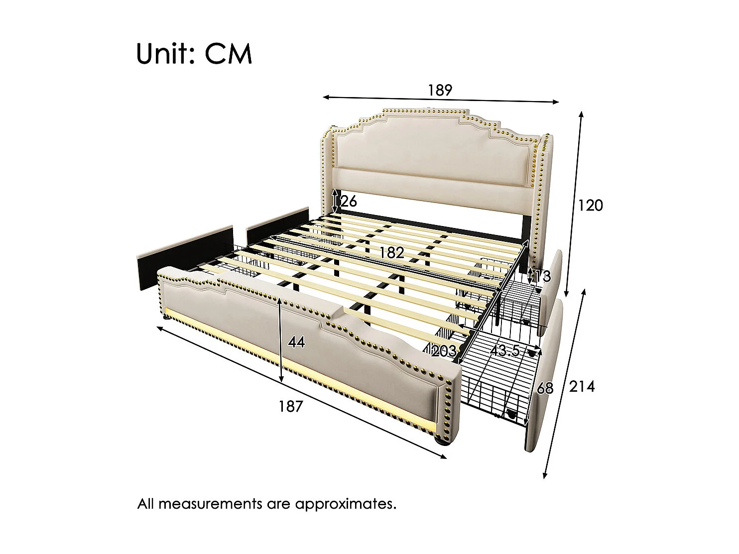 Lit coffre 180×200, Lit rembourré lit double avec 4 tiroirs, lit de rangement et lit pour adolescent , Beige
