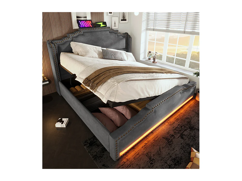 Lit coffre 140x200, Lit double avec espace de rangement hydraulique, lit de rangement et lit pour adolescent, Gris, sans matelas