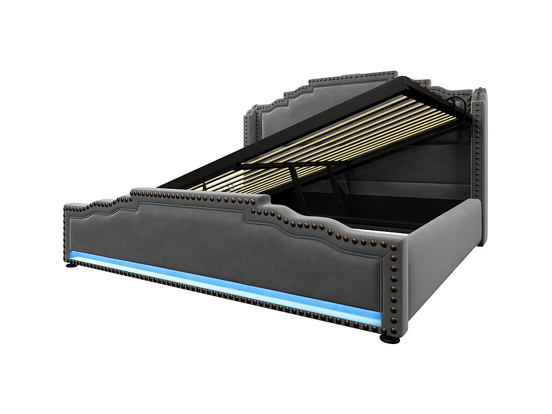 Gestoffeerd bed 160x200, tweepersoonsbed met hydraulische opbergruimte, opbergbed en jeugdbed, grijs, zonder matras