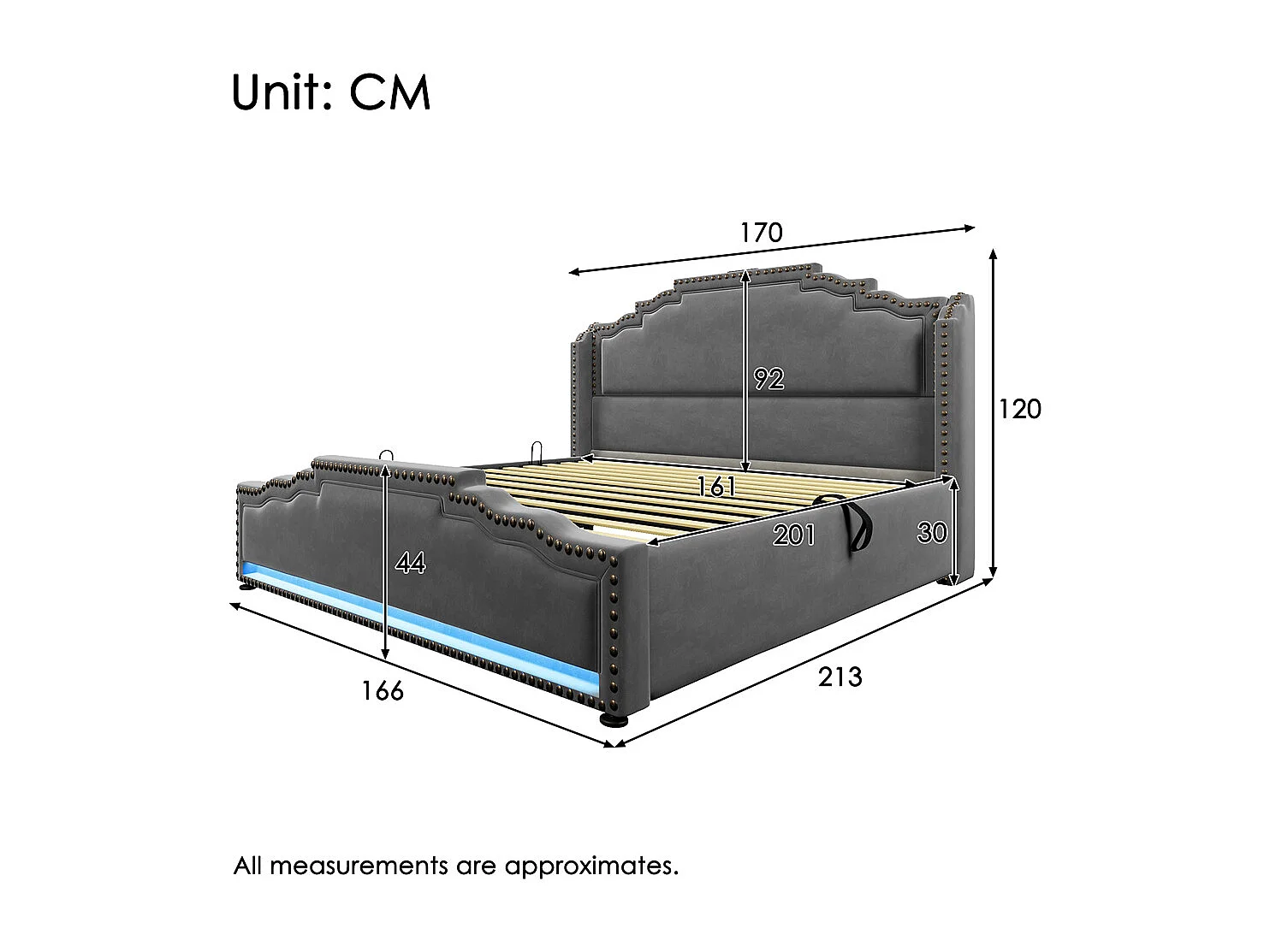 Lit coffre 160x200, Lit double avec espace de rangement hydraulique, lit de rangement et lit d'adolescent, Gris, sans matelas