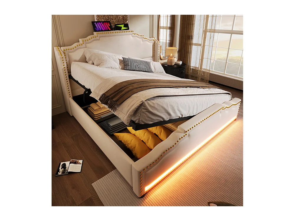 Lit coffre 160x200, Lit double avec espace de rangement hydraulique, lit de rangement et lit pour adolescent, Beige, sans matelas