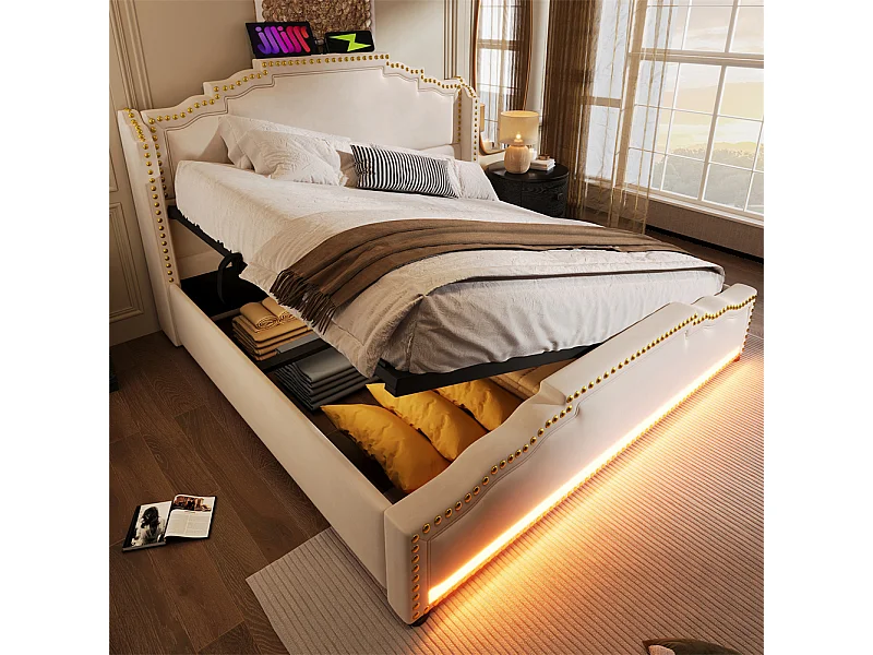 Cama com arrumação 160x200, Cama de casal com espaço de arrumação hidráulico, cama com arrumação e cama para adolescentes, Bege, sem colchão