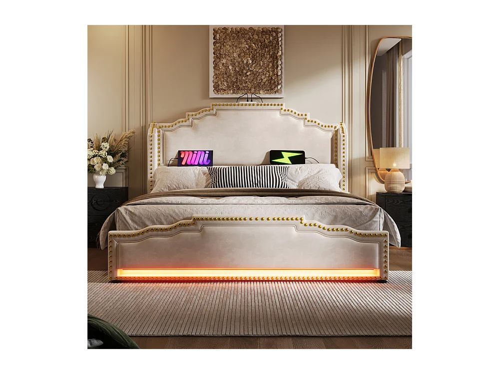 Lit coffre 140×200, Lit rembourré Lit double avec 4 tiroirs,Lit de rangement et lit jeune , Beige