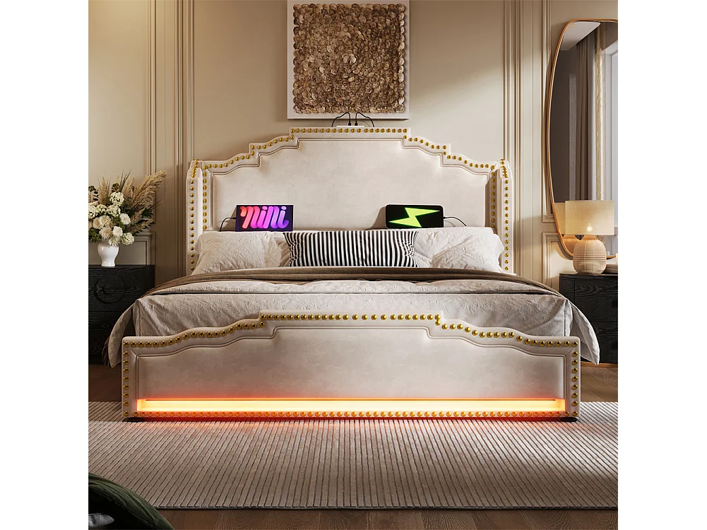 Lit coffre 140×200, Lit rembourré Lit double avec 4 tiroirs,Lit de rangement et lit jeune , Beige