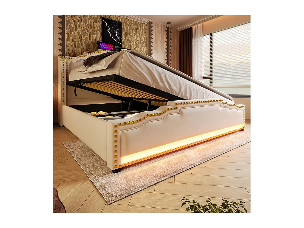 Gestoffeerd bed 140x200, tweepersoonsbed met hydraulische opbergruimte, opbergbed en jeugdbed, beige, zonder matras